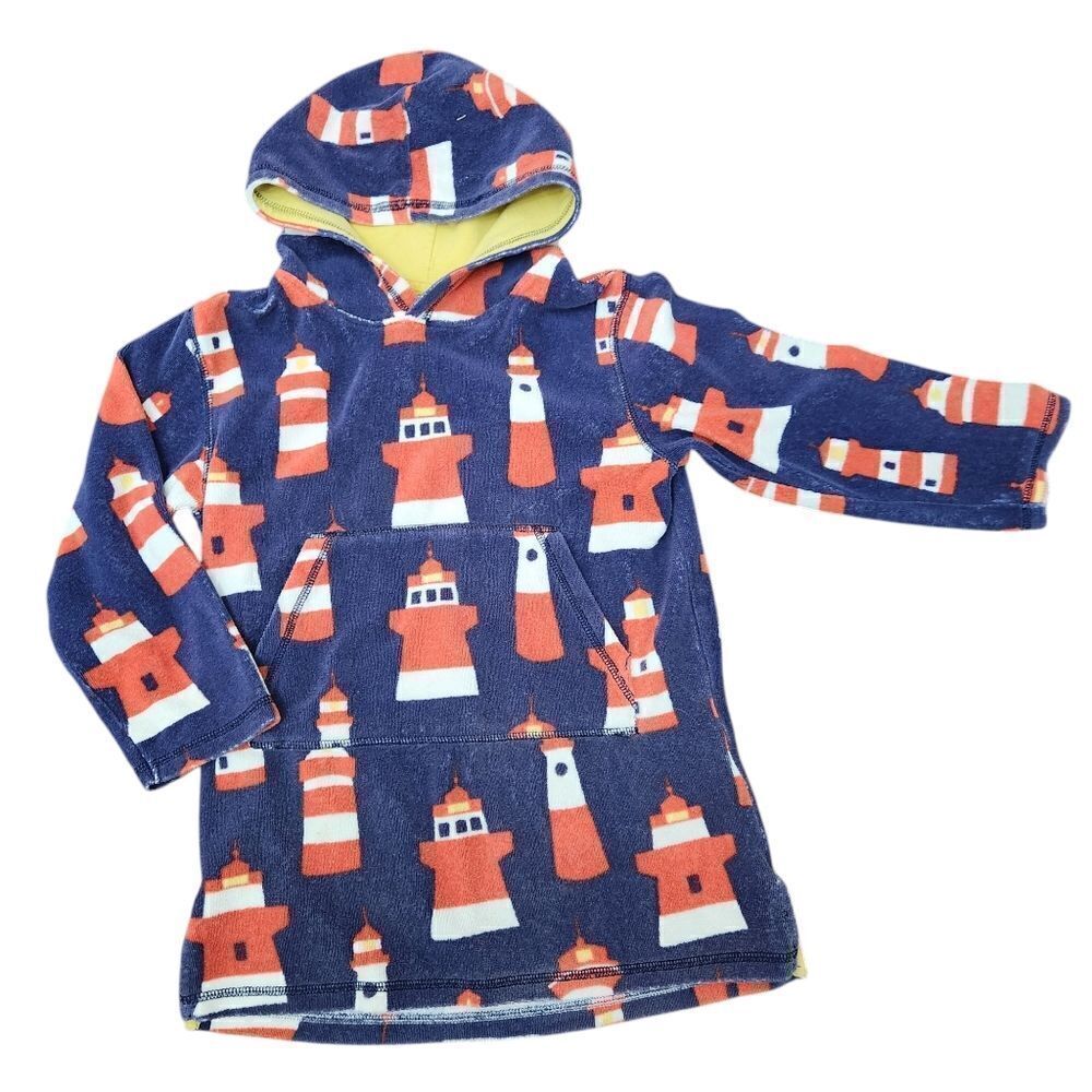 Mini Boden Kids Toweling Hooded Swim Coverup Terry Blue Lighthouse Print 9-10 Yr